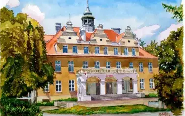 KARCZYCE PAŁAC Z XIX w. pełniący obecne funkcje szkoły podstawowej - AKWARELA autorstwa M. SOŁTYS