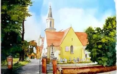 KOSCI&Oacute;Ł PW. PODWYŻSZENIA KRZYŻA ŚWIĘTEGO W KOSTOMŁOTACH- AKWARELA autorstwa M. SOŁTYS