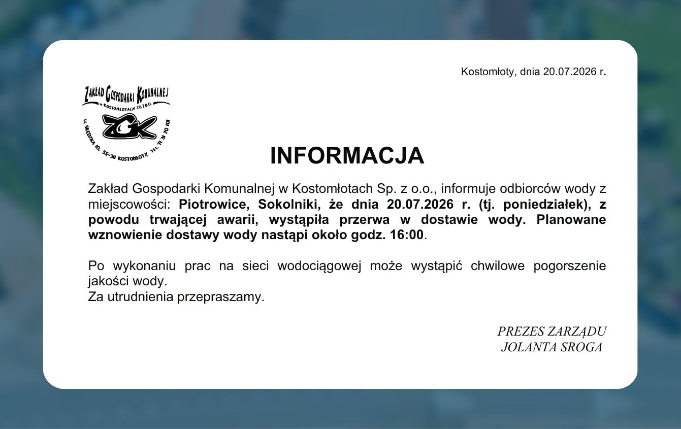 Przerwa w&nbsp;dostawie wody w&nbsp;dniu 20.07.2026 - Piotrowice i&nbsp;Sokolniki