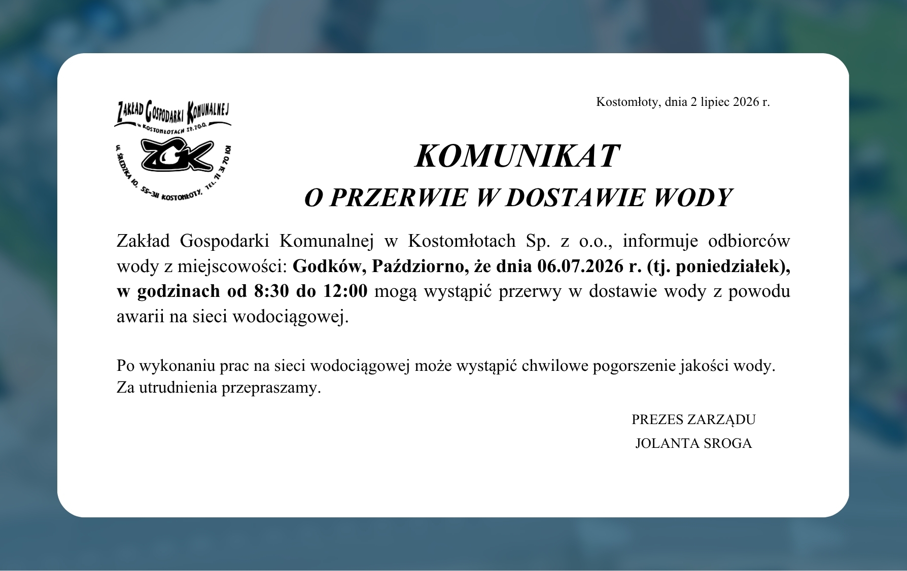 Komunikat o&nbsp;przerwie w&nbsp;dostawie wody - Godk&oacute;w i&nbsp;Paździorno 06.07.2026