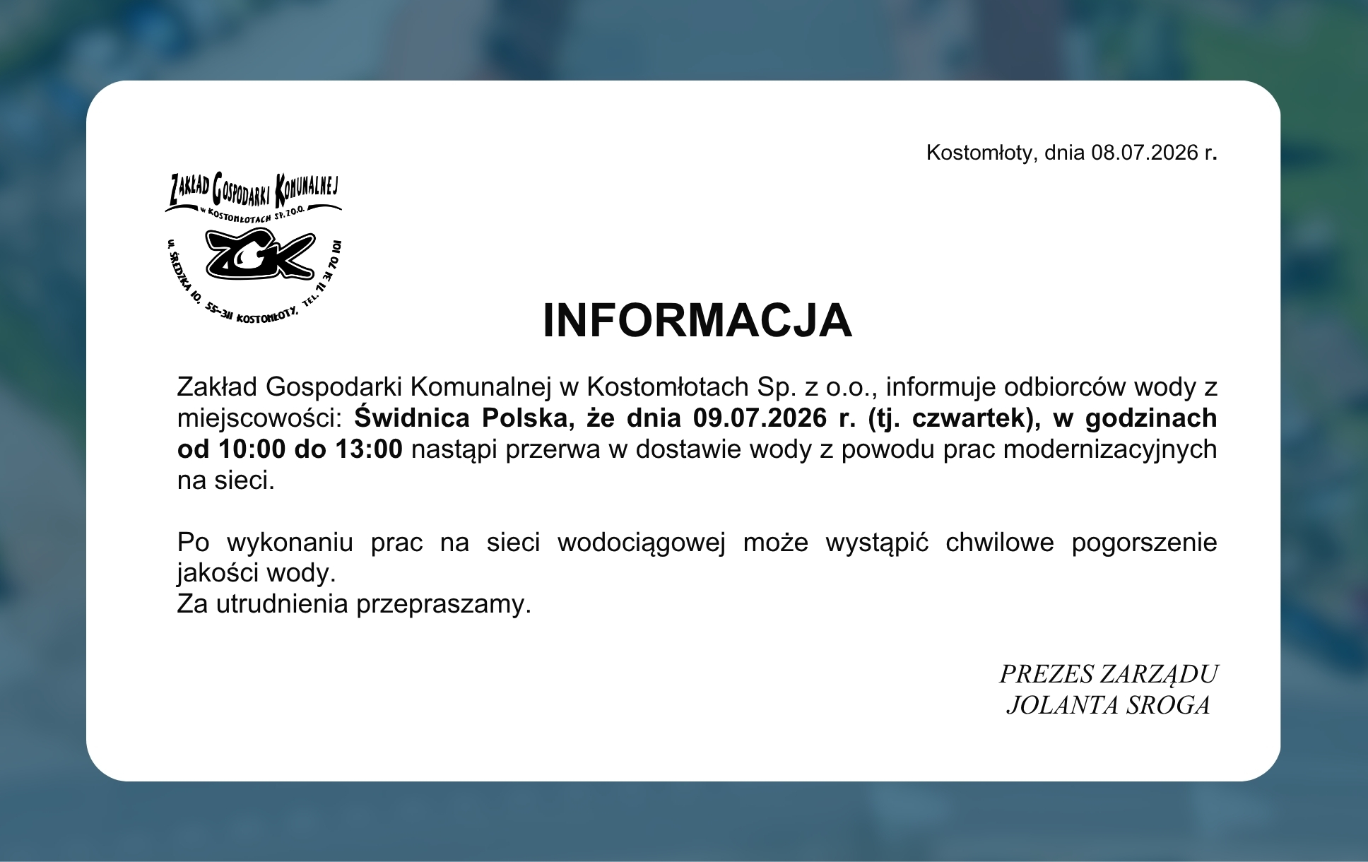 &nbsp;Informacja o&nbsp;przerwie w&nbsp;dostawie wody