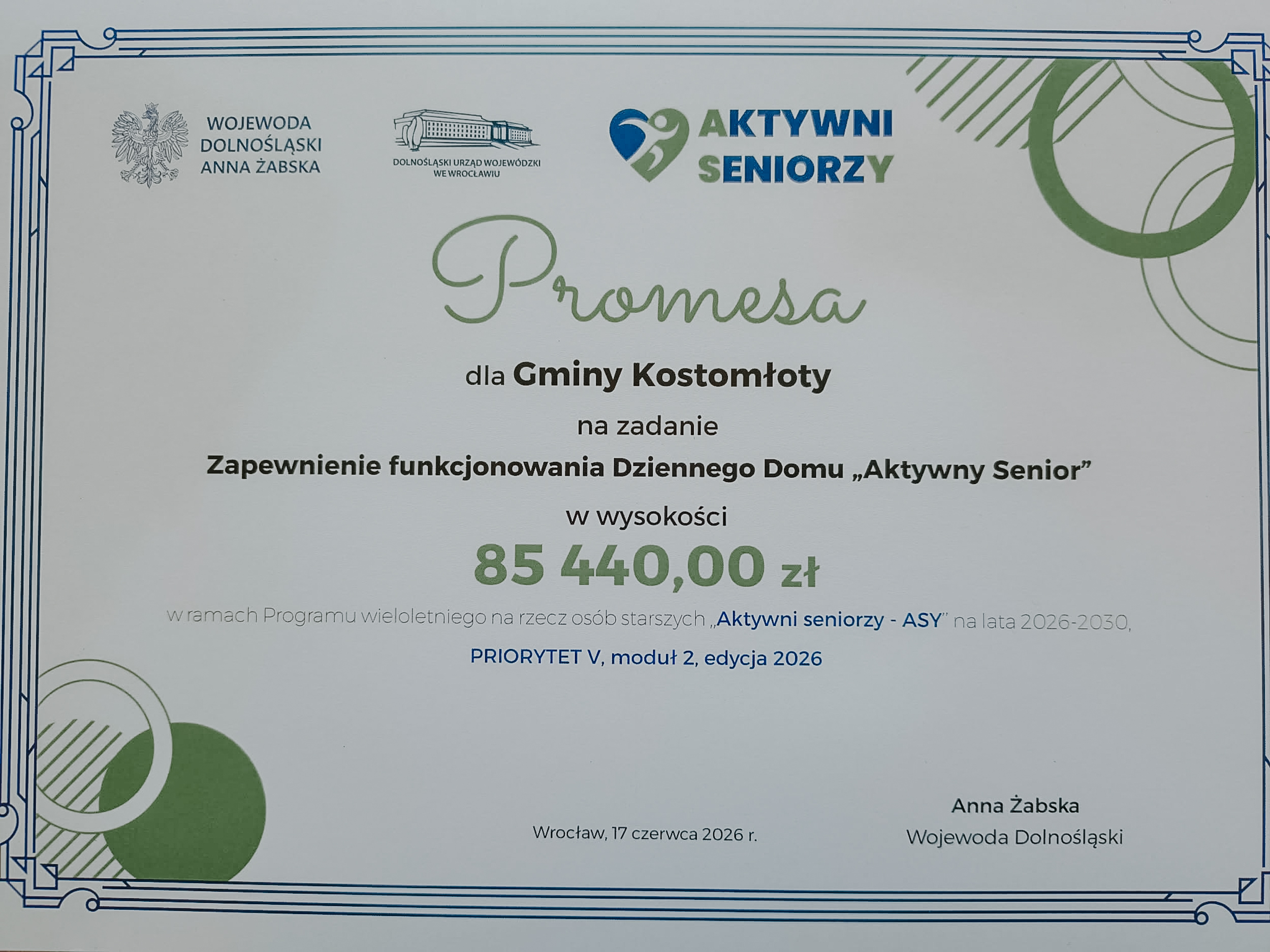 Gmina Kostomłoty z&nbsp;promesą w&nbsp;ramach Programu &bdquo;Aktywni Seniorzy &ndash; ASY&rdquo; na&nbsp;lata 2026&ndash;2030