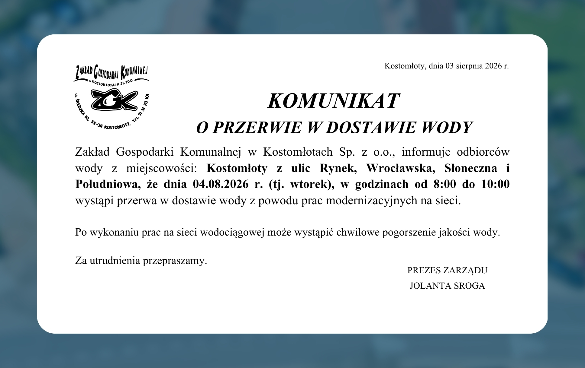 Przerwa w&nbsp;dostawie wody &ndash; Kostomłoty &nbsp;