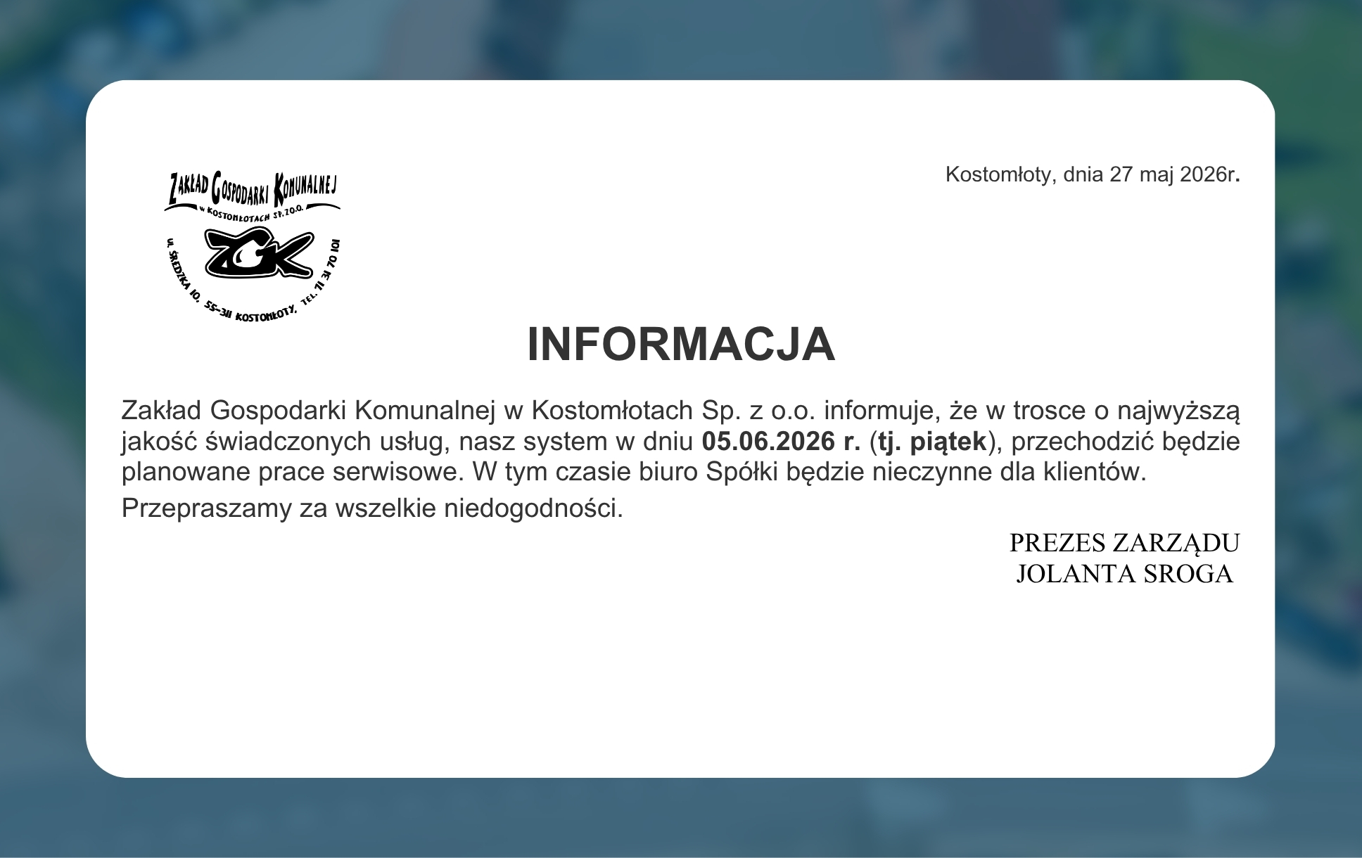 Informacja dla Mieszkańc&oacute;w - ZGK Sp. z&nbsp;o.o. w&nbsp;dniu 5 czerwca 2026 będzie nieczynna.