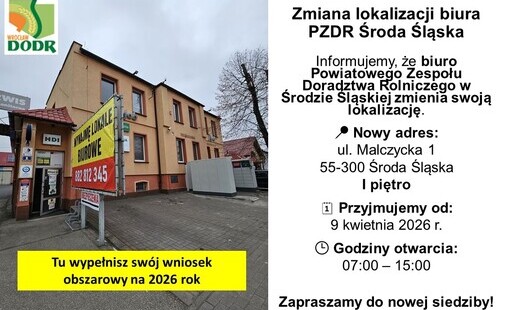 Powiatowy Zespół Doradztwa Rolniczego w Środzie Śląskiej informuje o zmianie siedziby