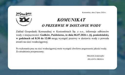 Komunikat o przerwie w dostawie wody - Godków i Paździorno