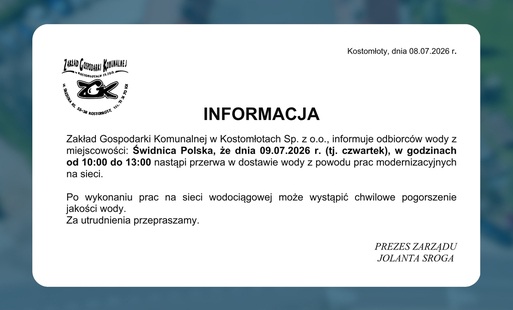 Zdjęcie do Informacja o przerwie w dostawie wody - Świdnica Polska