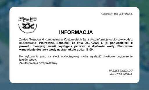 Przerwa w dostawie wody w dniu 20.07.2026 - Piotrowice i Sokolniki