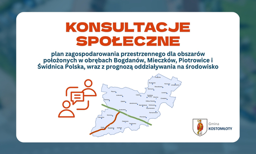 Obwieszczenie Wójta Gminy Kostomłoty o rozpoczęciu konsultacji społecznych dotyczących projektu zmiany miejscowego planu zagospodarowania przestrzennego dla obszarów położonych w obrębach Bogdanów, Mieczków, Piotrowice i Świdnica Polska